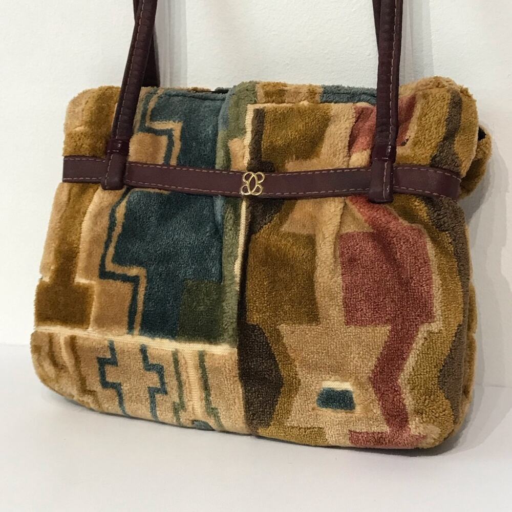 Vintage 70s Carpet Bag Purse Patchwork Southwestern Double Shoulder Strap Tan - Picture 4 of 15